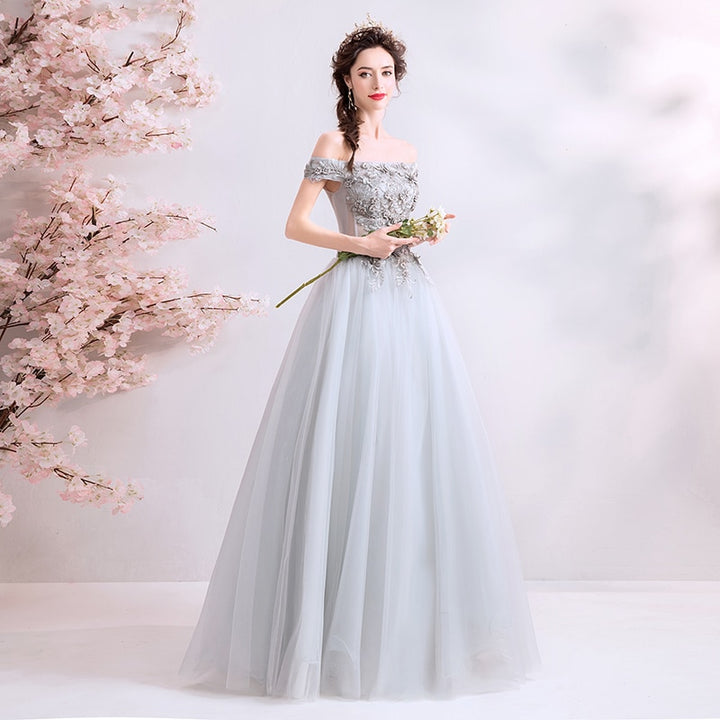 Floral Embellished Tulle Off Shoulder Prom Dress