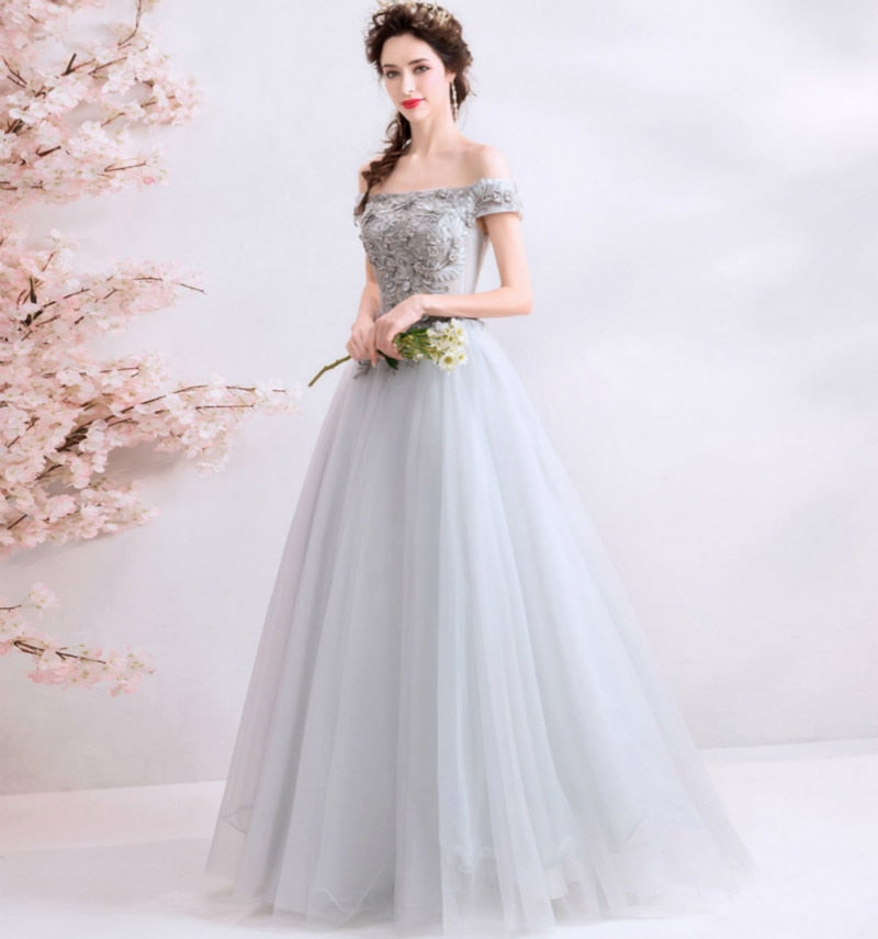 Floral Embellished Tulle Off Shoulder Prom Dress