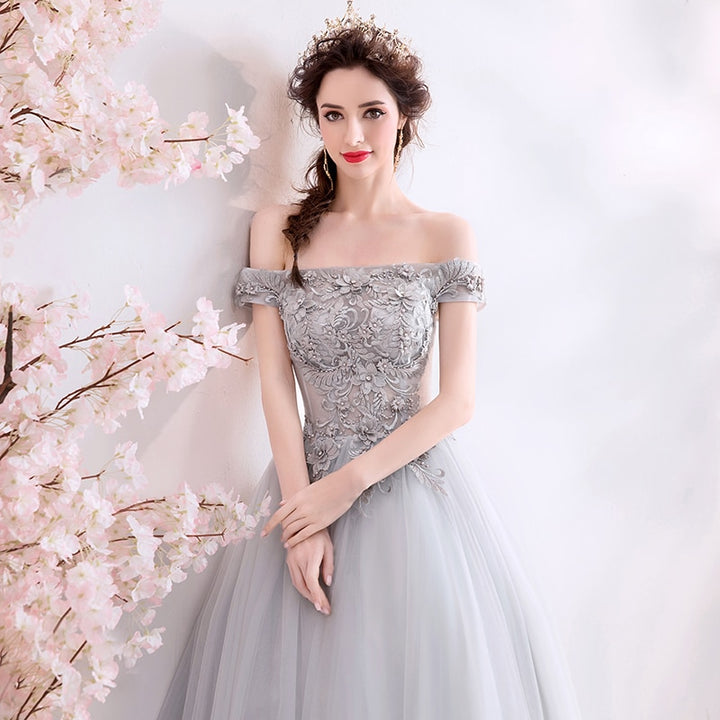 Floral Embellished Tulle Off Shoulder Prom Dress