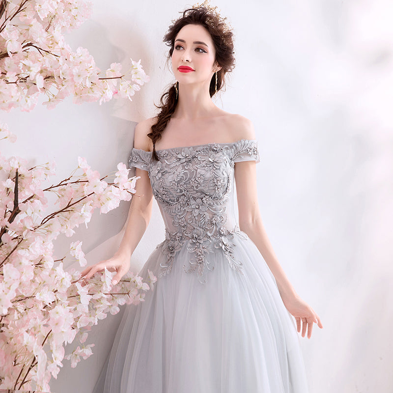 Floral Embellished Tulle Off Shoulder Prom Dress