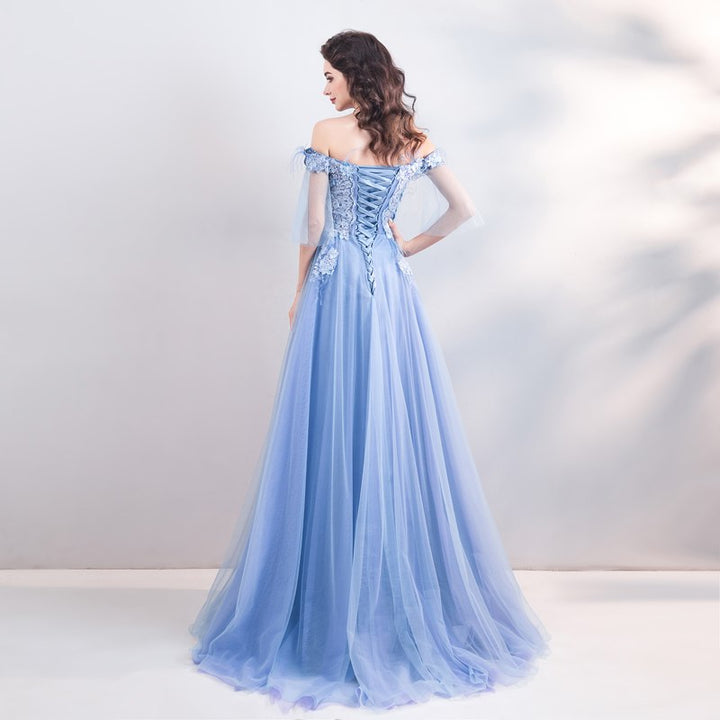 Off Shoulder Floral Embellished Tulle Prom Dress