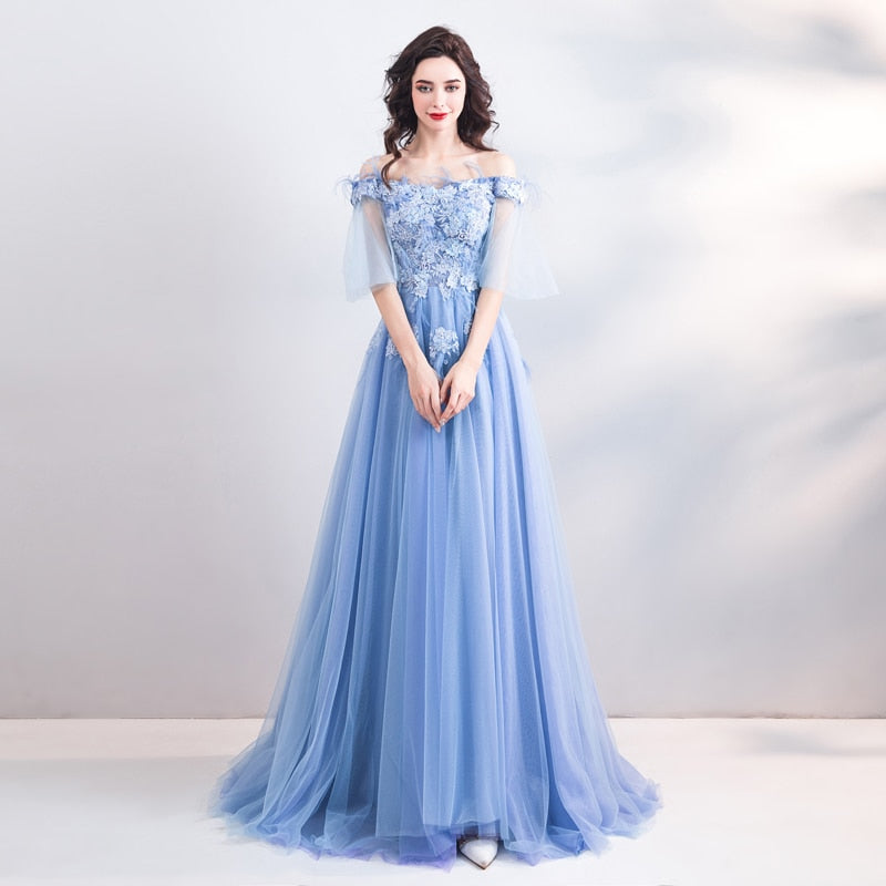 Off Shoulder Floral Embellished Tulle Prom Dress