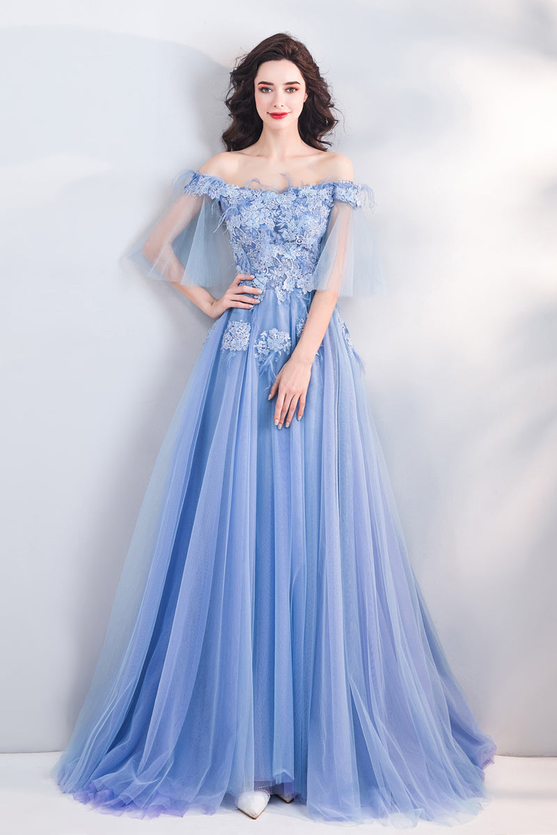 Off Shoulder Floral Embellished Tulle Prom Dress