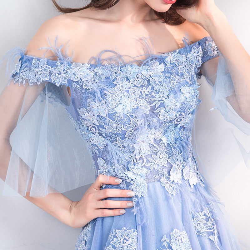 Off Shoulder Floral Embellished Tulle Prom Dress