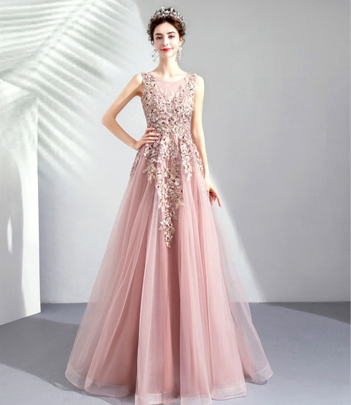 Dusty Pink Petal Embellished Tulle Prom Dress