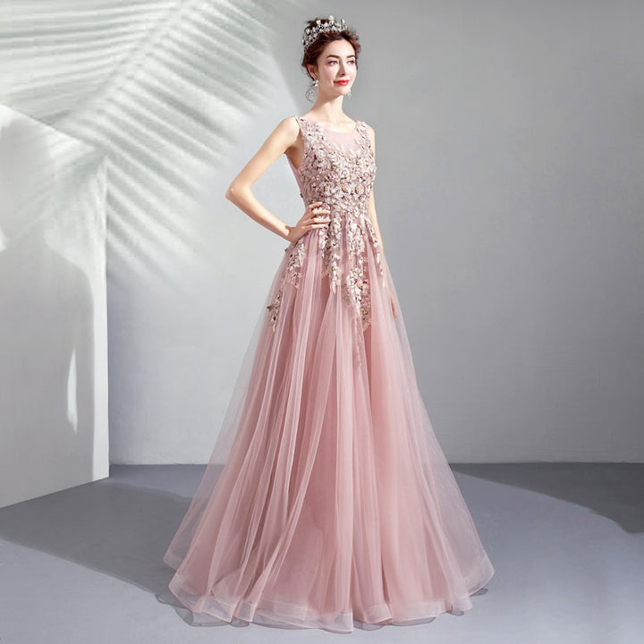 Dusty Pink Petal Embellished Tulle Prom Dress