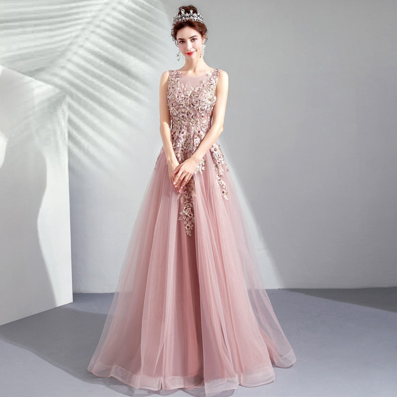 Dusty Pink Petal Embellished Tulle Prom Dress