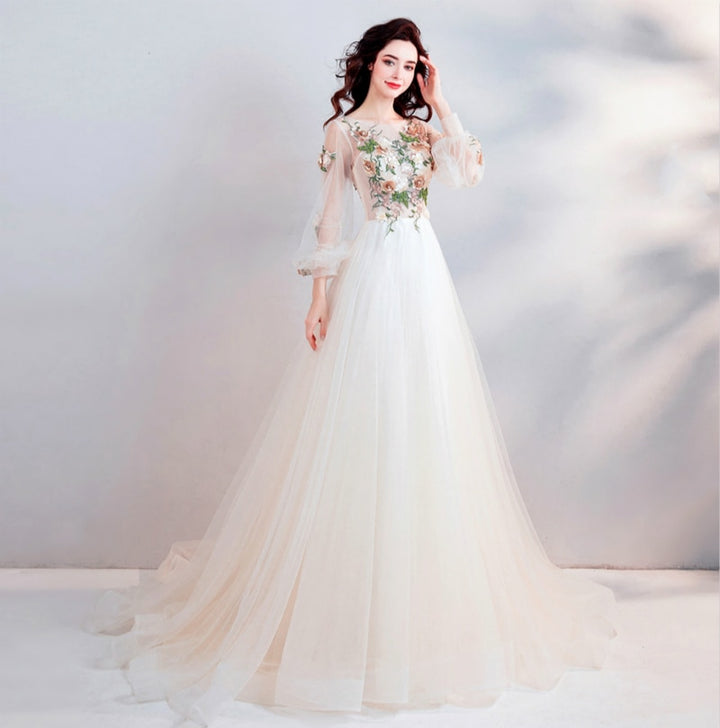 Long Sleeve Floral Tulle Prom Dress