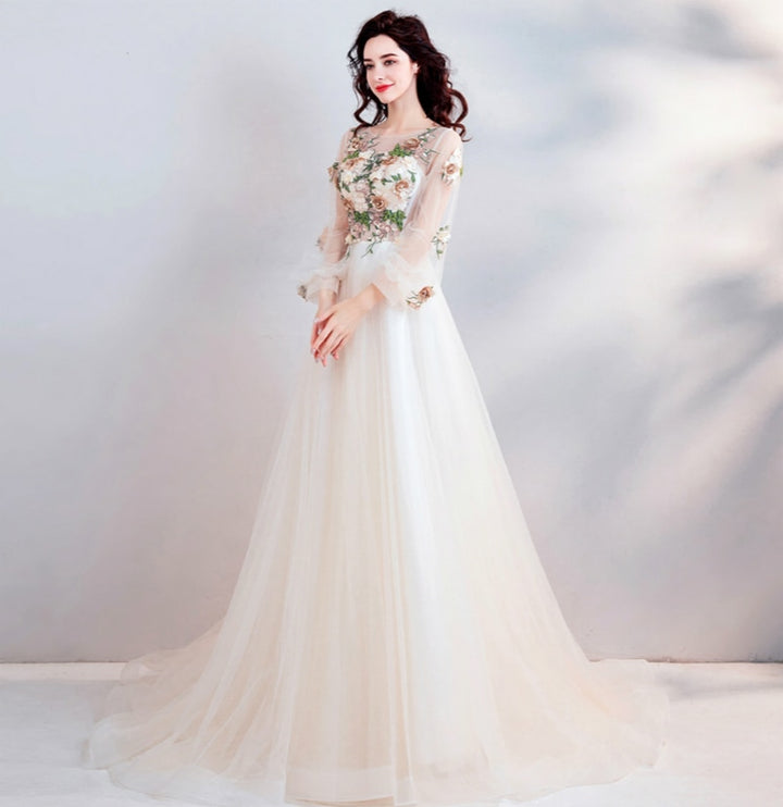 Long Sleeve Floral Tulle Prom Dress