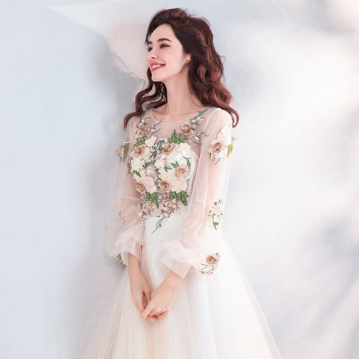 Long Sleeve Floral Tulle Prom Dress