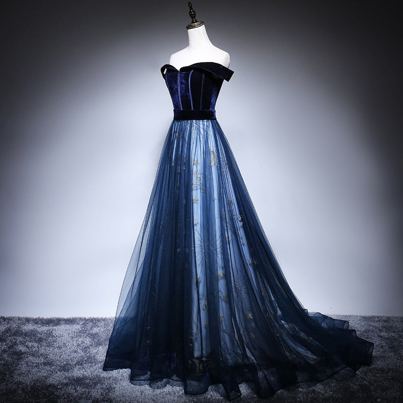 Off Shoulder Midnight Tulle Prom Dress