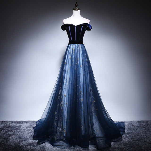 Off Shoulder Midnight Tulle Prom Dress