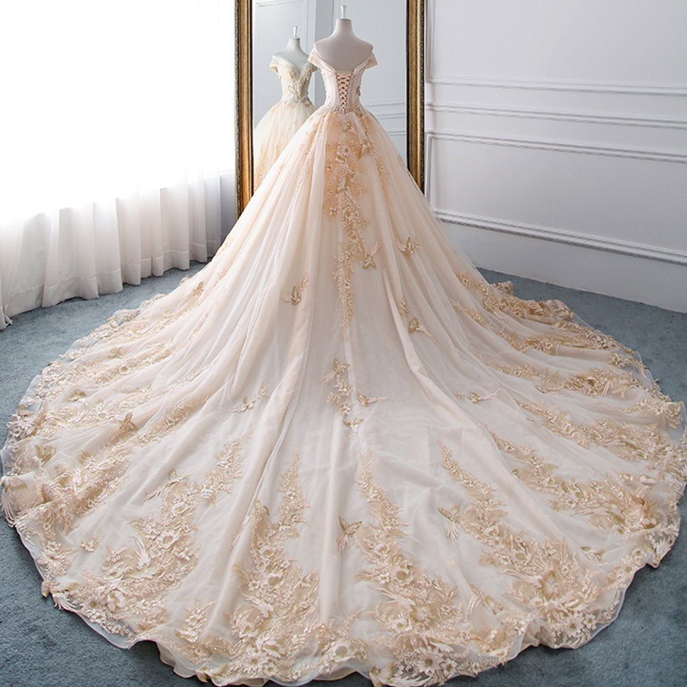 Marianne Off Shoulder Plunge Wedding Dress