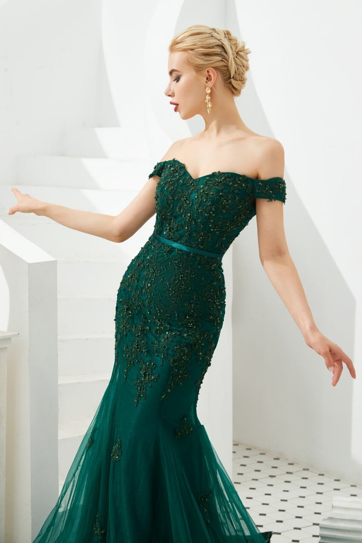 Gianni Emerald Off Shoulder Embroidered Prom Dress